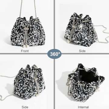 NIUEIMEE ZHOU Sequin Bucket Bags for Women Sparkly Crossbody Purses with Drawstring Small Hobo Shoulder Handbags, Silver