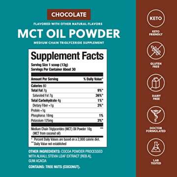 Perfect Keto 7g MCT Oil Powder, Medium Chain Triglycerides Supplement, Non Dairy Coffee Creamer for Keto Diet, Ketogenic MCT Oil Mix for Coffee, Smoothie, Protein Shakes, Chocolate, 30 Servings