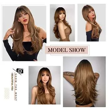 N NAYASA Light Brown Wigs for Women Brown Wig with Bangs 24‘’Ombre Brown Wig with Dark Roots Long Layered Wig Heat Resistant Synthetic Wig Natural Looking Wigs for Daily Party Use