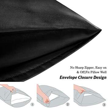 Satin Pillowcase for Hair and Skin Set of 2, Black Soft Silky Pillowcase Standard Satin Pillowcase with Envelope Closure (Black, 20x30 Inches)