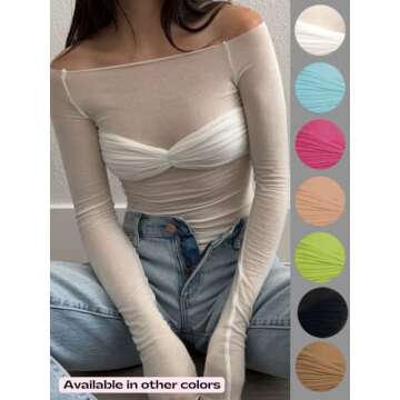 AnotherChill Women's Sexy See-through Top Ruched Off-shoulder T-shirt Long Sleeve Mesh Going Out Tops (Blue, Medium)