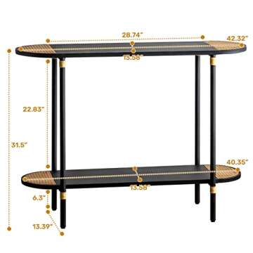 HollyHOME Black Metal Console Table with Rattan Decor, 2-Tier Entryway Table, 42.32"(L) Narrow Sofa/...