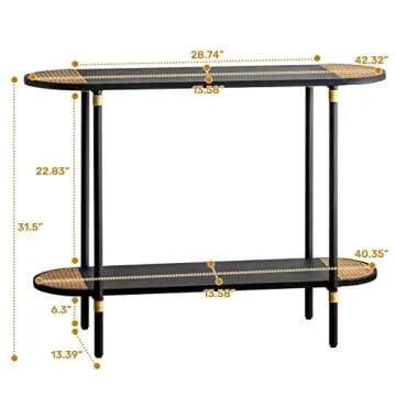 HollyHOME Black Metal Console Table with Rattan Decor, 2-Tier Entryway Table, 42.32"(L) Narrow Sofa/...