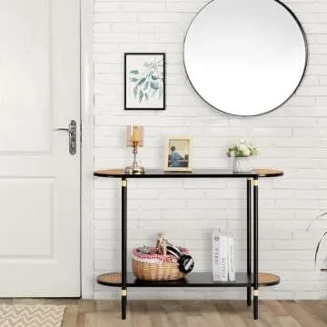 HollyHOME Black Console Table with Rattan Decor for Living Room