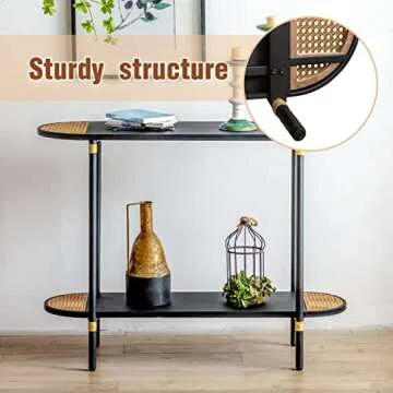 HollyHOME Black Console Table with Rattan Decor for Living Room