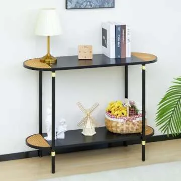 HollyHOME Black Console Table with Rattan Decor for Living Room