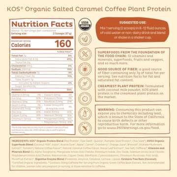 KOS Vegan Protein Powder, Salted Caramel Coffee - Low Carb Pea Protein Blend, Organic Plant Superfood Rich in Vitamins & Minerals - Keto, Dairy Free - Meal Replacement for Women & Men - 15 Servings