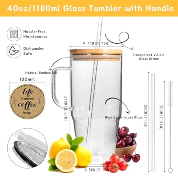 ANOTION 40 Oz Glass Tumbler with Lid & Straw for Drinks