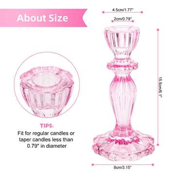 Glass Candle Holders, 2PCS Decorative Candle Stand Wide Base Candlestick Holder Table Centerpiece Decor for Wedding Festival Party Windowsill, Pink