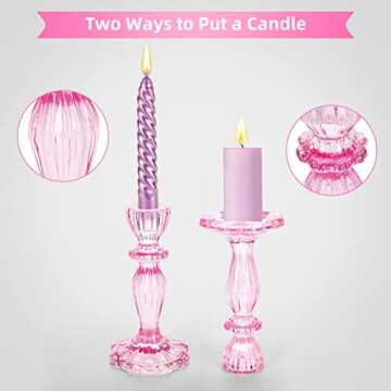 Glass Candle Holders, 2PCS Decorative Candle Stand Wide Base Candlestick Holder Table Centerpiece Decor for Wedding Festival Party Windowsill, Pink