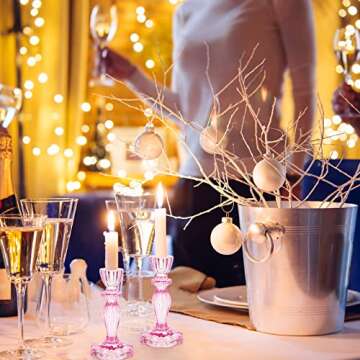 Glass Candle Holders, 2PCS Decorative Candle Stand Wide Base Candlestick Holder Table Centerpiece Decor for Wedding Festival Party Windowsill, Pink