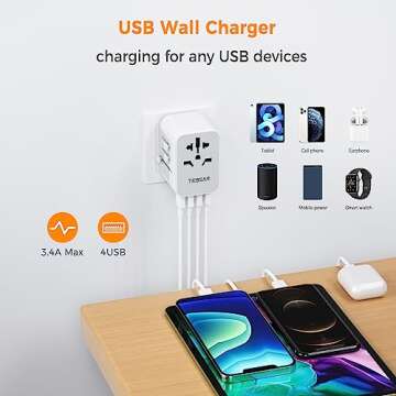 TESSAN Universal Power Adapter, International Plug Adapter with 4 USB Outlets, Travel Worldwide Essentials, All in 1 Wall Charger Converter for UK EU Europe Ireland AU (Type C/G/A/I) Grey
