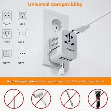 TESSAN Universal Power Adapter, International Plug Adapter with 4 USB Outlets, Travel Worldwide Essentials, All in 1 Wall Charger Converter for UK EU Europe Ireland AU (Type C/G/A/I) Grey