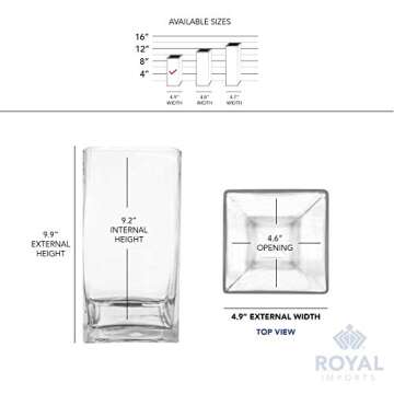 Royal Imports Flower Glass Vase Decorative Centerpiece for Home or Wedding - Tall Rectangle Shape, 10" Tall, 5"x5" Opening