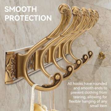 Coat Rack Wall Mounted, Aluminum Wall Hooks for Hanging with 5 Hooks Vintage Gold Wall Mount Coat Ra...