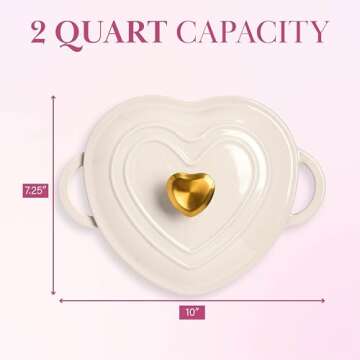 Paris Hilton Enameled Cast Iron Dutch Oven Heart-Shaped Pot with Lid, Dual Handles, Works on All Stovetops, Oven Safe to 500°F, 2-Quart, Cream