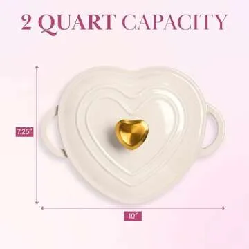 Paris Hilton Enameled Cast Iron Dutch Oven Heart-Shaped Pot with Lid, Dual Handles, Works on All Stovetops, Oven Safe to 500°F, 2-Quart, Cream