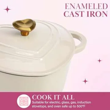 Paris Hilton Enameled Cast Iron Dutch Oven Heart-Shaped Pot with Lid, Dual Handles, Works on All Stovetops, Oven Safe to 500°F, 2-Quart, Cream