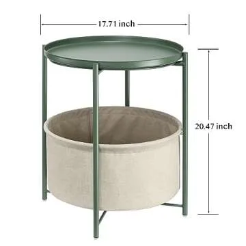 danpinera Round Side Table with Fabric Storage Basket, Metal Side Table Small Bedside Table Nightstand with Removable Tray for Living Room, Bedroom, Nursery, Dark Green