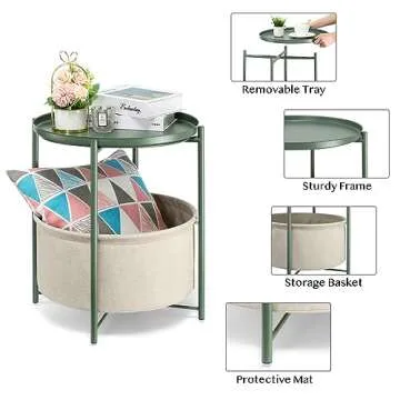 danpinera Round Side Table with Fabric Storage Basket, Metal Side Table Small Bedside Table Nightstand with Removable Tray for Living Room, Bedroom, Nursery, Dark Green