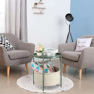 danpinera Round Side Table with Fabric Storage Basket, Metal Side Table Small Bedside Table Nightstand with Removable Tray for Living Room, Bedroom, Nursery, Dark Green