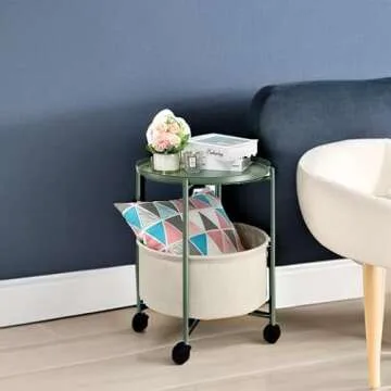 danpinera Round Side Table with Fabric Storage Basket, Metal Side Table Small Bedside Table Nightstand with Removable Tray for Living Room, Bedroom, Nursery, Dark Green