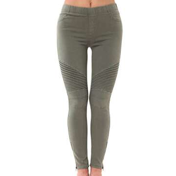 LAINAB Womens Skinny Pleated Moto Leggings Jeggings Pants for Women Army Green M