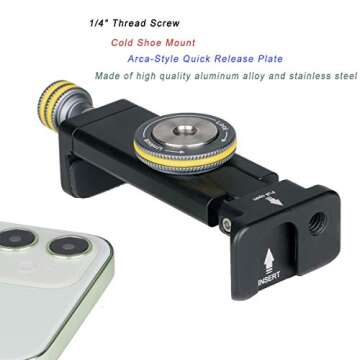 FAYEEGIN Phone Mount for Tripod, Smartphone Tripod Adapter for iPhone Samsung Cell Phone Stand Holder with Cold Shoe and Arca Swiss Quick Release Plate for iPhone 15 Pro Max Galaxy S24