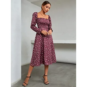 Umenlele Floral Midi Dress Puff Sleeve Square Neck