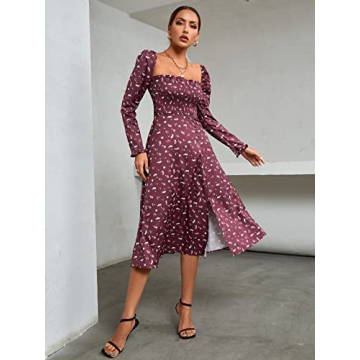 Umenlele Floral Midi Dress Puff Sleeve Square Neck