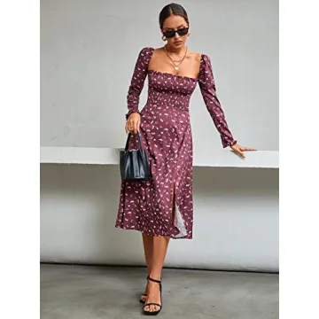 Umenlele Floral Midi Dress Puff Sleeve Square Neck