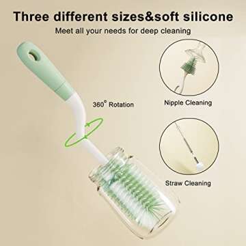 ePiiChua Silicone Bottle Brush Set with Stand, 360° Rotating Silicone Bottle Cleaning Brush Cleaner Set, Long Handle 3 in 1 Multipurpose Silicone Baby Bottle Straw Cleaner Brush (Green)