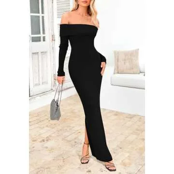 PRETTYGARDEN Women's Winter Sweater Dress Long Sleeve Off Shoulder Slit Maxi Bodycon Cocktail Party Dresses (Black,Large)