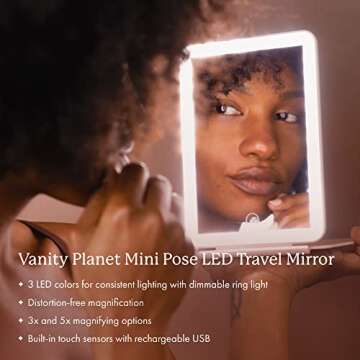 Vanity Planet Handheld Makeup Mirror with Lights, Mini Pose 2.0 (Blush) - Travel LED Mirror with 3X ...