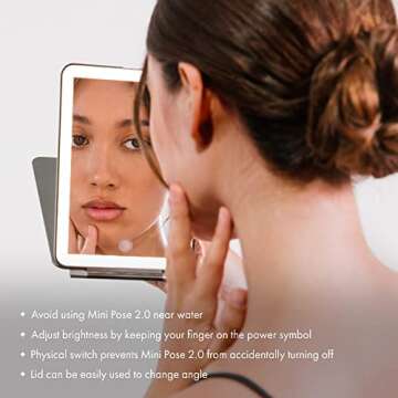 Vanity Planet Handheld Makeup Mirror with Lights, Mini Pose 2.0 (Blush) - Travel LED Mirror with 3X & 5X Magnification - Dimmable Lighting & Micro-USB Rechargeable Lighted Compact Mirror