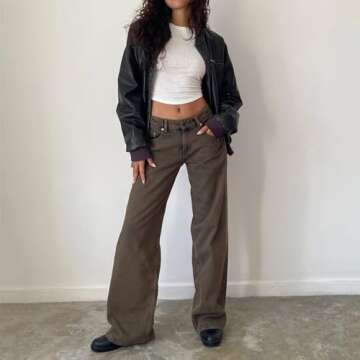 Baggy Wide Leg Jeans for Women Y2K Low Rise Straight Leg Boyfriend Denim Pants Teen Girls Vintage Casual Loose Jeans (Dark Brown, XS)