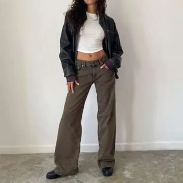 Baggy Wide Leg Jeans for Women Y2K Low Rise Straight Leg Boyfriend Denim Pants Teen Girls Vintage Casual Loose Jeans (Dark Brown, XS)