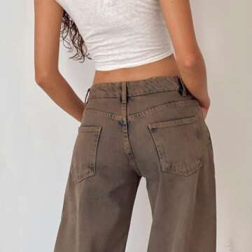 Baggy Wide Leg Jeans for Women Y2K Low Rise Straight Leg Boyfriend Denim Pants Teen Girls Vintage Casual Loose Jeans (Dark Brown, XS)