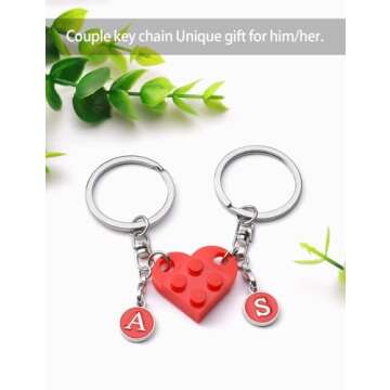 ChunlongFour Stocking Stuffers Brick matching couple heart keychain, personalized couple keychain with full letters A-Z, Valentine's Day gift, Christmas, birthday, and boyfriend/girlfriend gift.