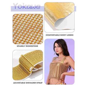 Yokawe Crop Tops Gold Sparkly Rhinestone Tube Top Sleeveless Y2k Tank Top Party Rave Clubwear for Women