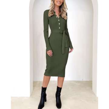 BTFBM 2024 Women V Neck Long Sleeve Bodycon Sweater Dress Button Up Tie Waist Ribbed Knit Midi Pencil Dresses with Belt(Solid Army Green, Medium)