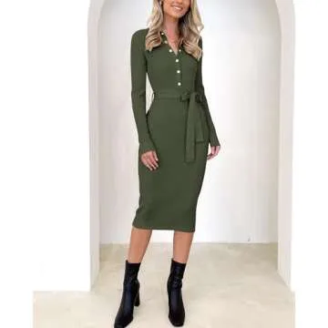 BTFBM 2024 Women V Neck Long Sleeve Bodycon Sweater Dress Button Up Tie Waist Ribbed Knit Midi Pencil Dresses with Belt(Solid Army Green, Medium)
