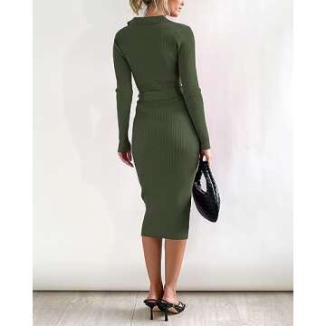BTFBM 2024 Women V Neck Long Sleeve Bodycon Sweater Dress Button Up Tie Waist Ribbed Knit Midi Pencil Dresses with Belt(Solid Army Green, Medium)