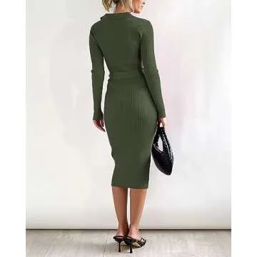 BTFBM 2024 Women V Neck Long Sleeve Bodycon Sweater Dress Button Up Tie Waist Ribbed Knit Midi Pencil Dresses with Belt(Solid Army Green, Medium)