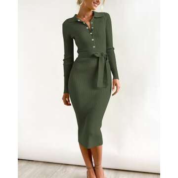 BTFBM 2024 Women V Neck Long Sleeve Bodycon Sweater Dress Button Up Tie Waist Ribbed Knit Midi Pencil Dresses with Belt(Solid Army Green, Medium)