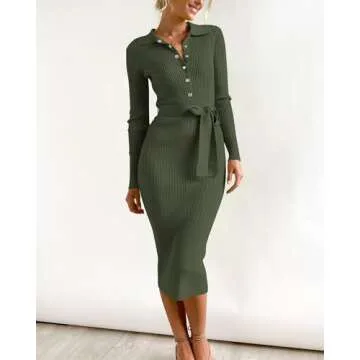 BTFBM 2024 Women V Neck Long Sleeve Bodycon Sweater Dress Button Up Tie Waist Ribbed Knit Midi Pencil Dresses with Belt(Solid Army Green, Medium)