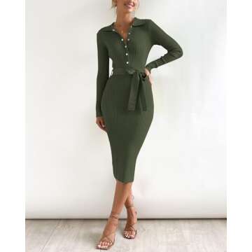BTFBM 2024 Women V Neck Long Sleeve Bodycon Sweater Dress Button Up Tie Waist Ribbed Knit Midi Pencil Dresses with Belt(Solid Army Green, Medium)