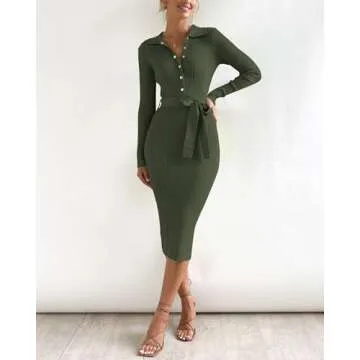 BTFBM 2024 Women V Neck Long Sleeve Bodycon Sweater Dress Button Up Tie Waist Ribbed Knit Midi Pencil Dresses with Belt(Solid Army Green, Medium)