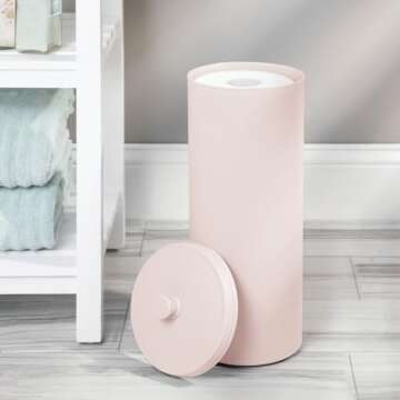 mDesign Plastic Floor Stand Toilet Paper Organizer with Cover, 3-Roll Space-Saving Tissue Storage for Bathroom, Fits Under Sink, Vanity, Shelf, in Cabinet, Corner - Hyde Collection - Light Pink