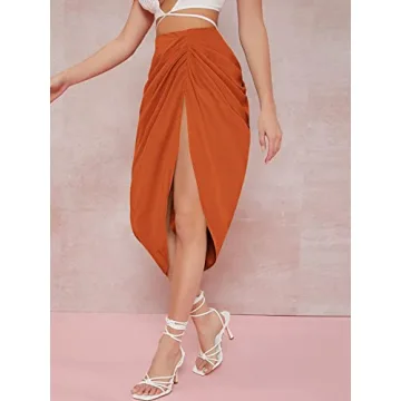 WDIRARA Women's Beautiful Split Front Midi Skirt Orange